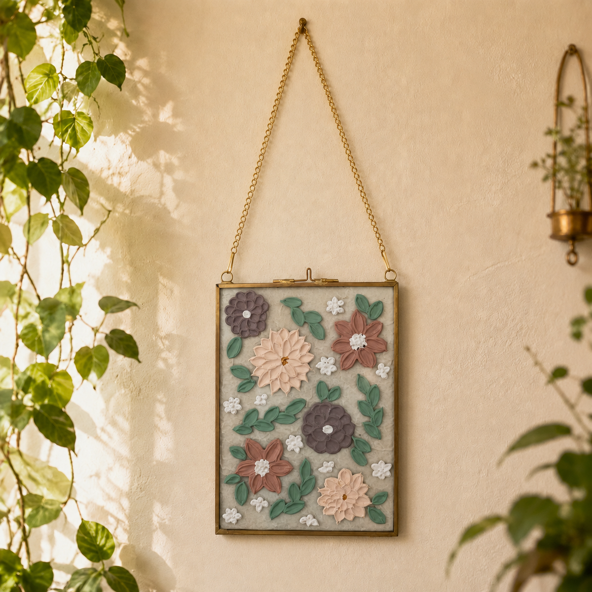 Hand-Painted Textured Glass Wall Hanging - Autumn Bloom