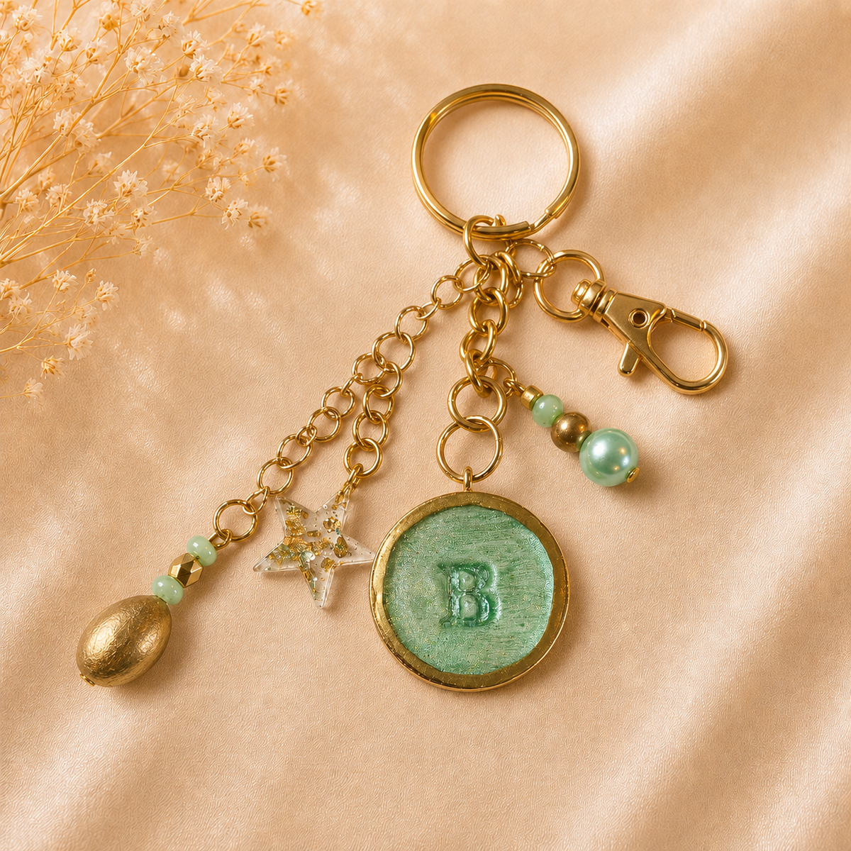 Monogram Gold Charm Keychain - B