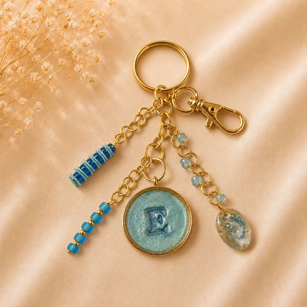 Monogram Gold Charm Keychain - E