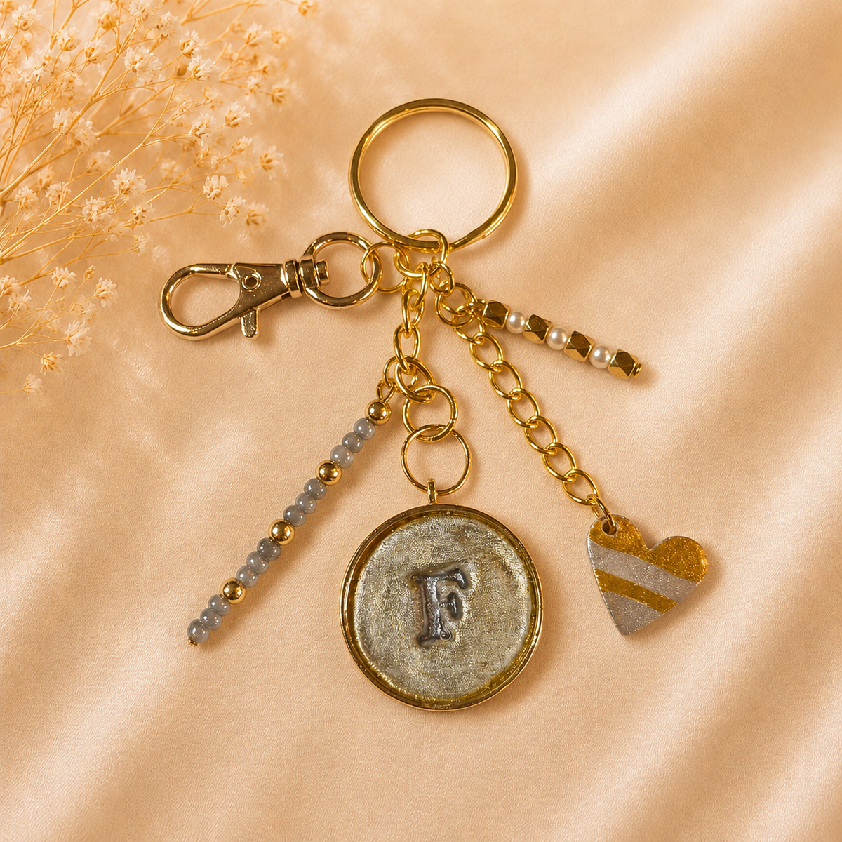 Monogram Gold Charm Keychain - F