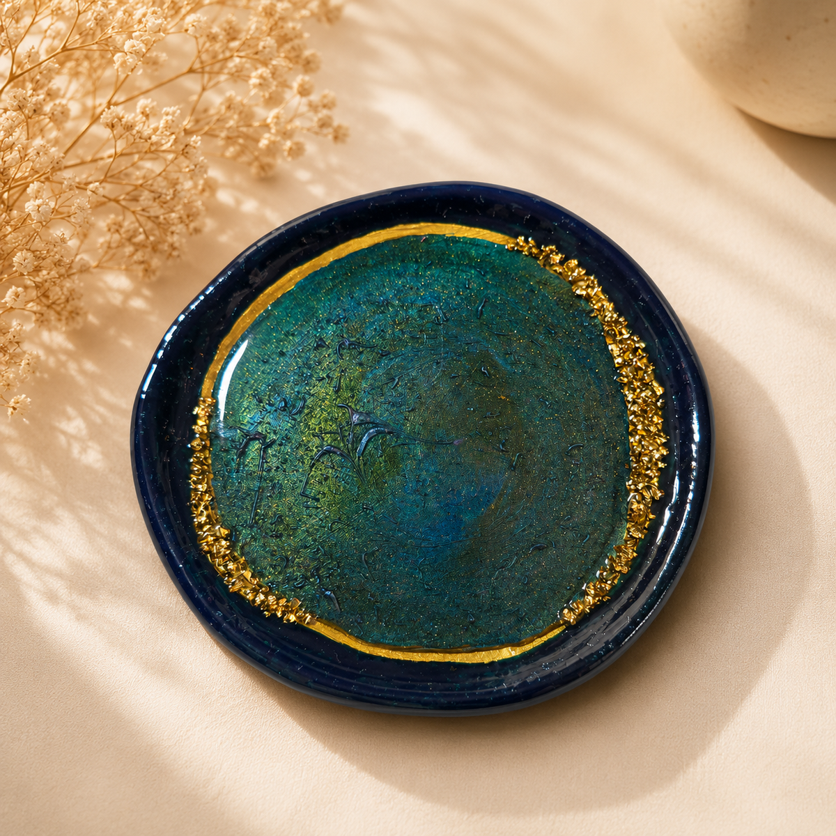 Handcrafted Clay Trinket Dishes-Gold Bluey Green