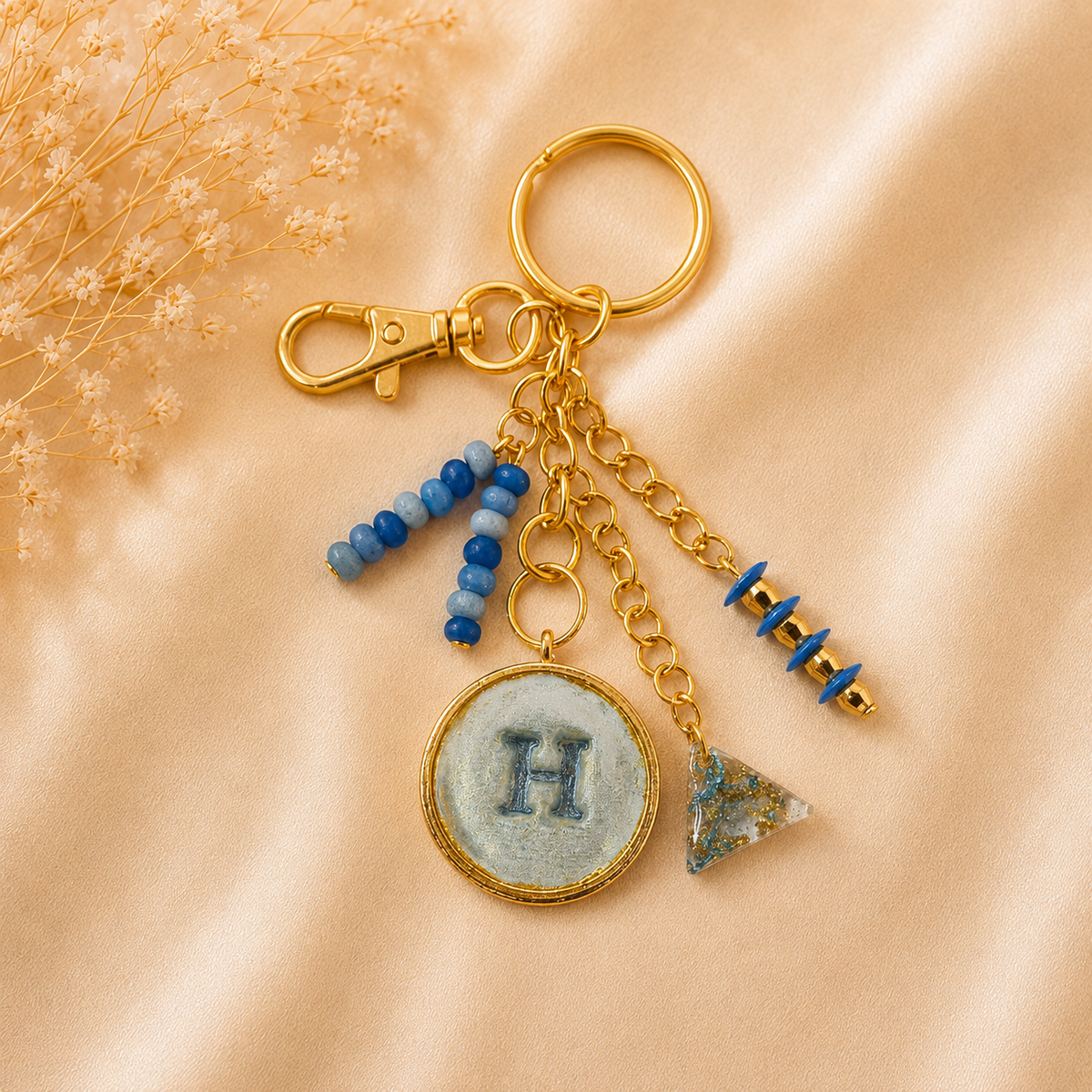 Monogram Gold Charm Keychain - H