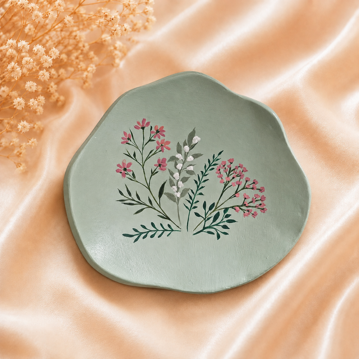 Handcrafted Clay Trinket Dishes- Floral - Green