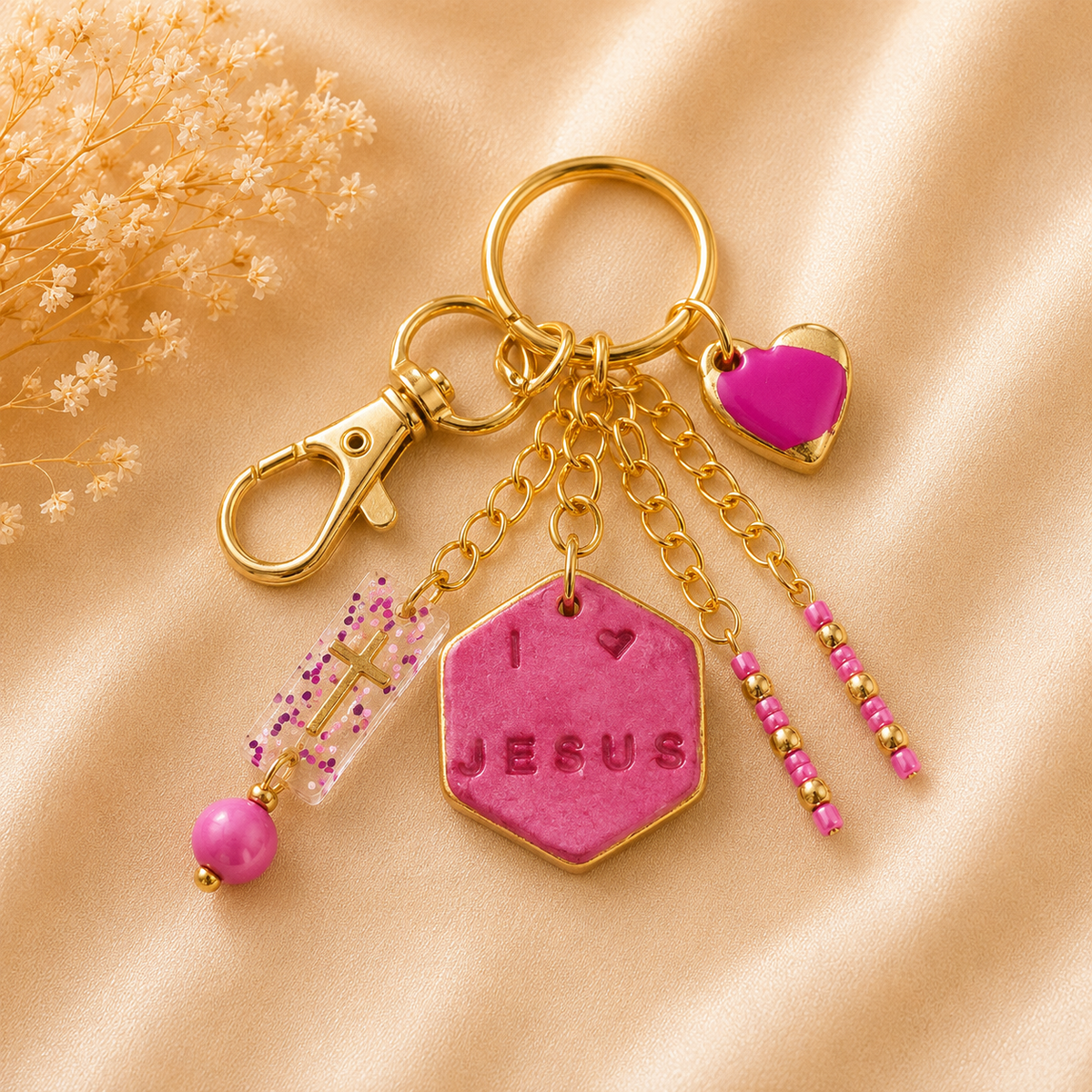 I love Jesus Gold Charm Keychain - Pink Hexagon