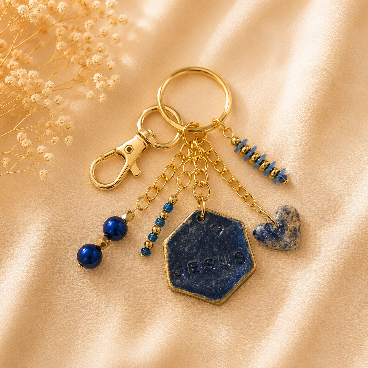 I love Jesus Gold Charm Keychain - Indigo Hexagon