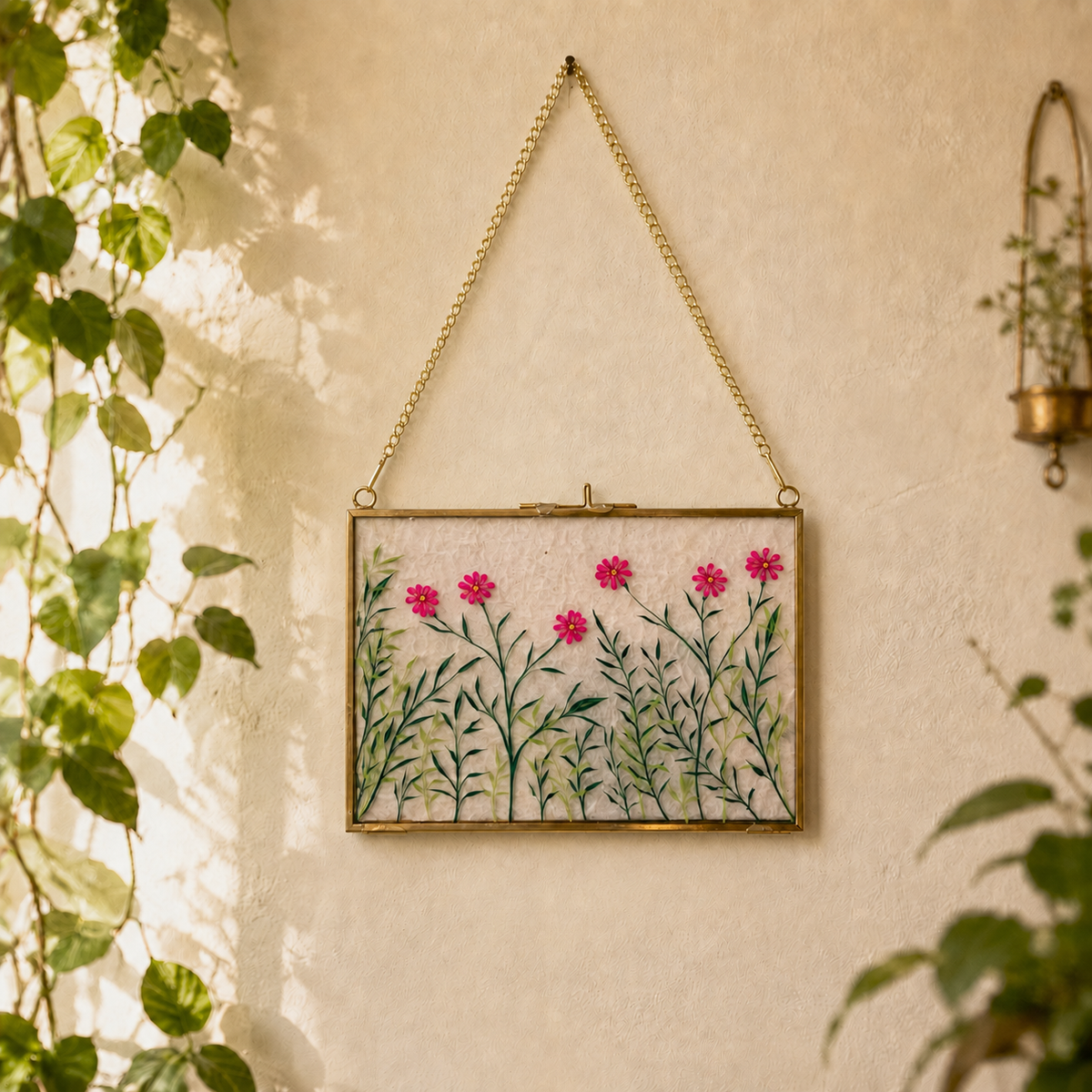 Hand-Painted Textured Glass Wall Hanging - Magenta Meadow