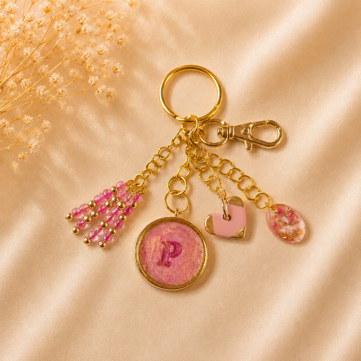 Monogram Gold Charm Keychain - P