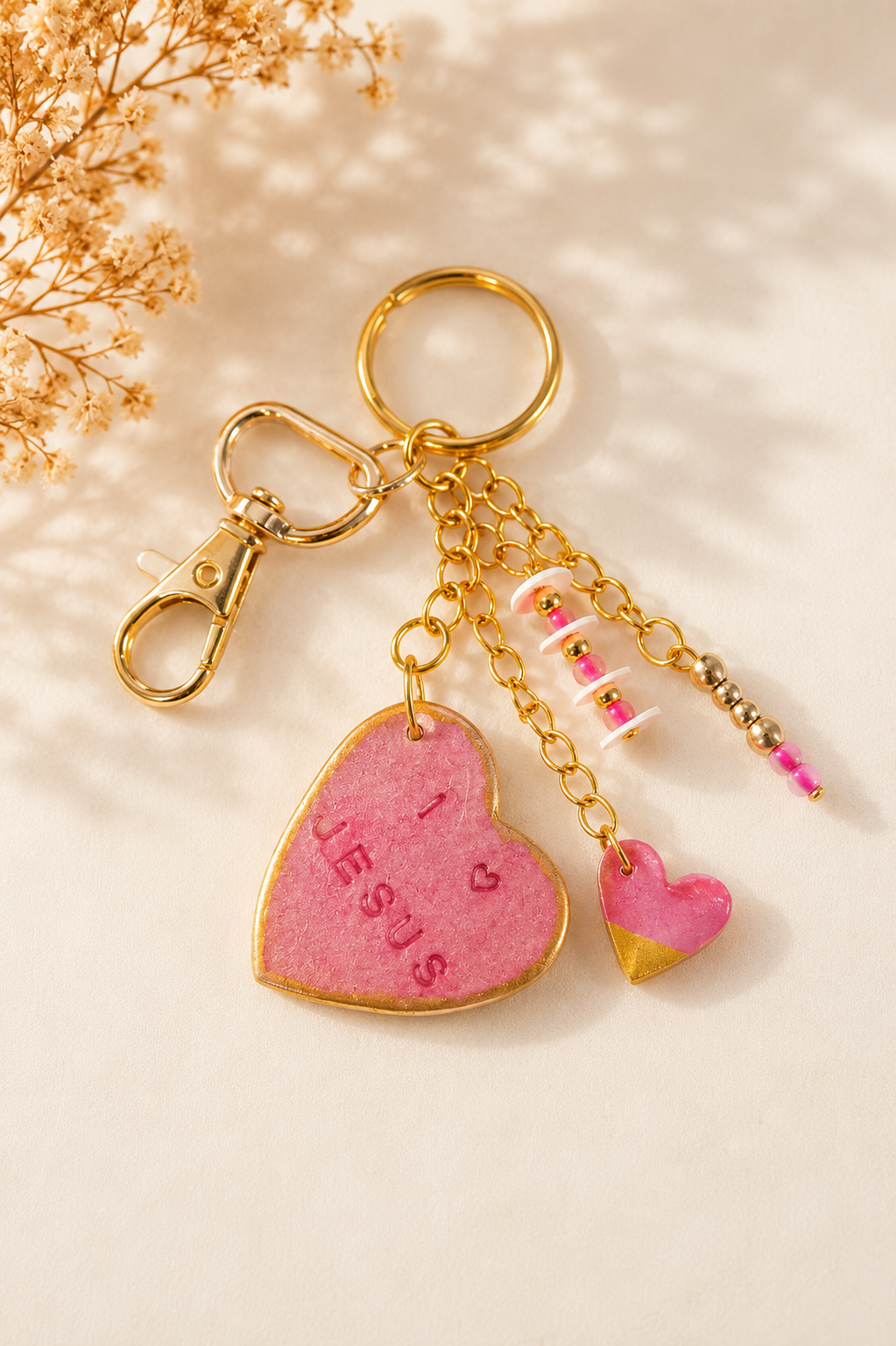 I love Jesus Gold Charm Keychain - Pink Heart