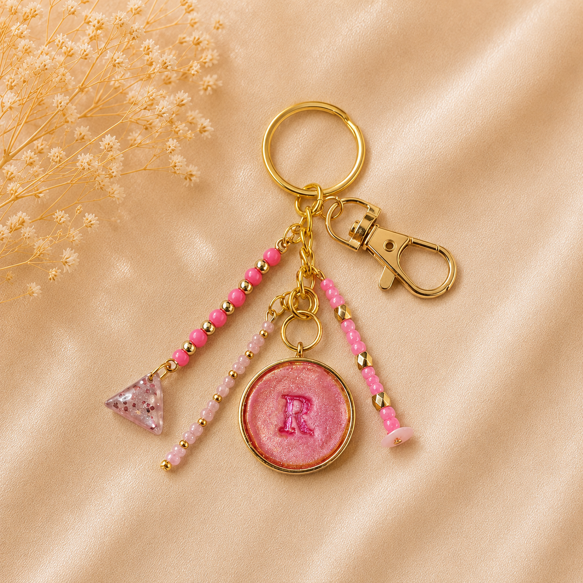 Monogram Gold Charm Keychain - R