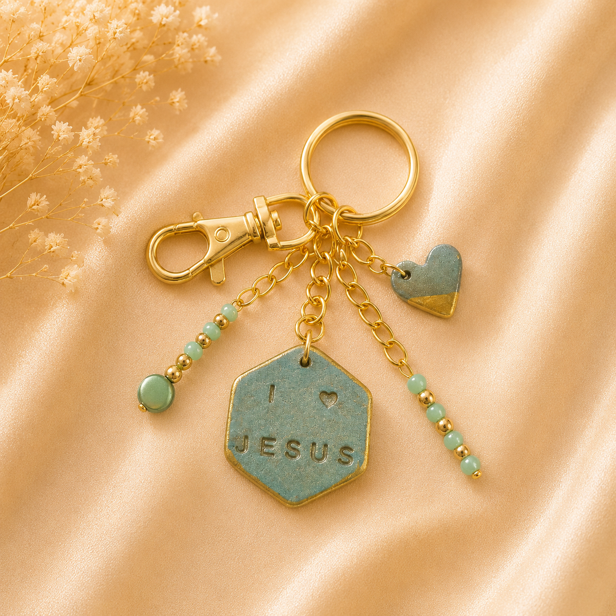I love Jesus Gold Charm Keychain - Turquoise Hexagon