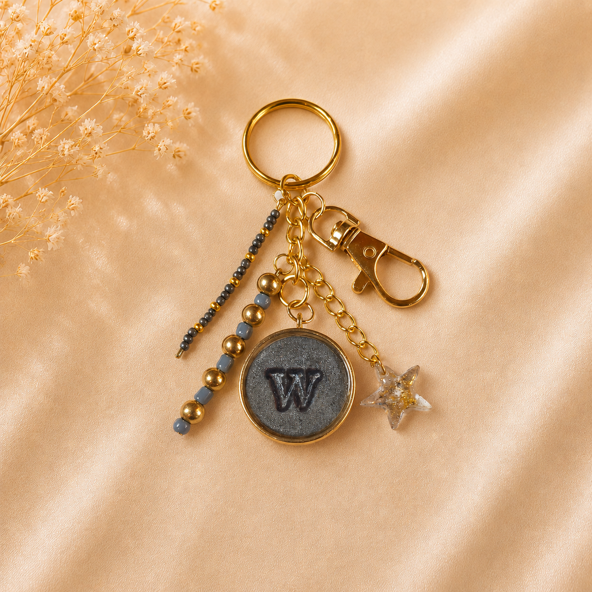 Monogram Gold Charm Keychain - W