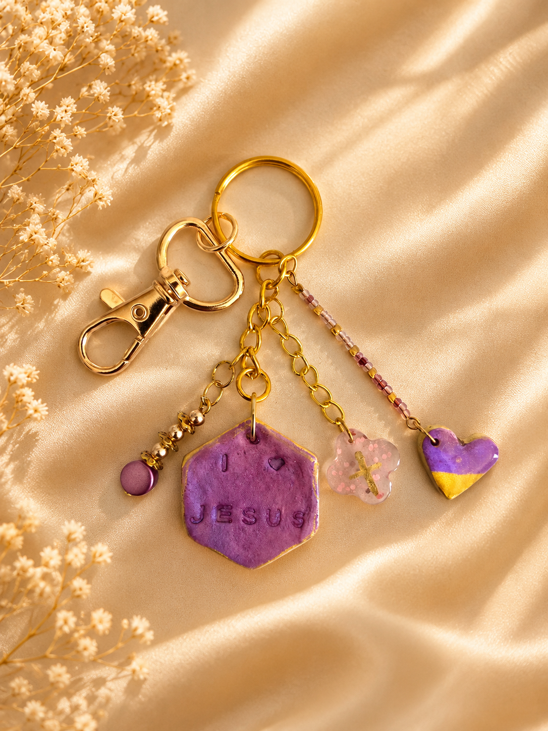 I love Jesus Gold Charm Keychain - Violet Hexagon
